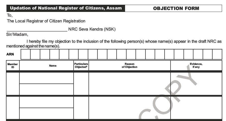 NRC Assam Objection form Download